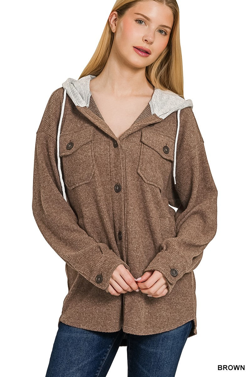 Brushed Rib Hooded Button Down Shacket