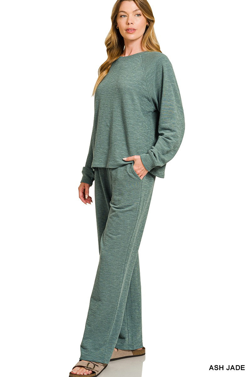 Slub Long Sleeve Top & Pants 2pcs Set
