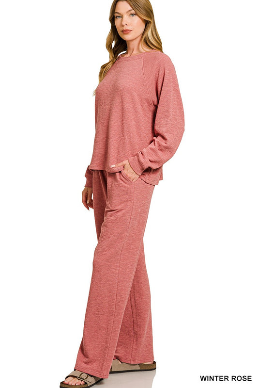 Slub Long Sleeve Top & Pants 2pcs Set