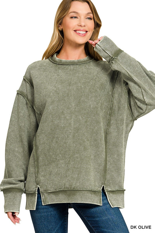 Acid Washed Double Ribbed Exposed-seam Pullover