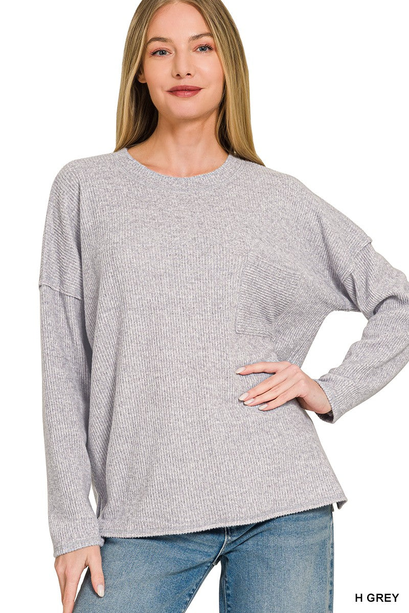 Ribbed Brushed Melange Hacci Sweater With A Pocket HT-2243Y