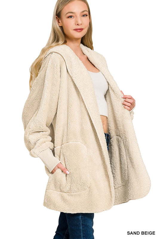 Hooded Faux Fur Jacket With Pockets
