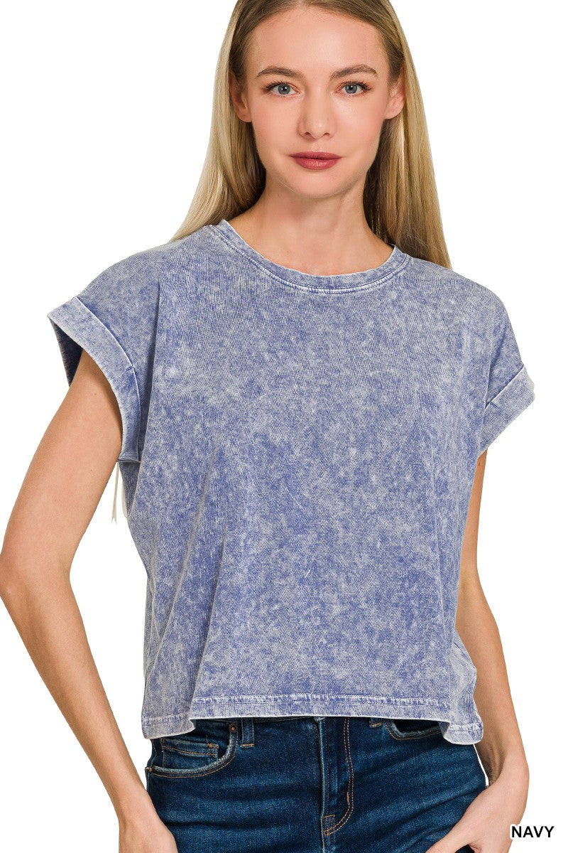 Halo Washed Cotton Cuffed Short Sleeve Top