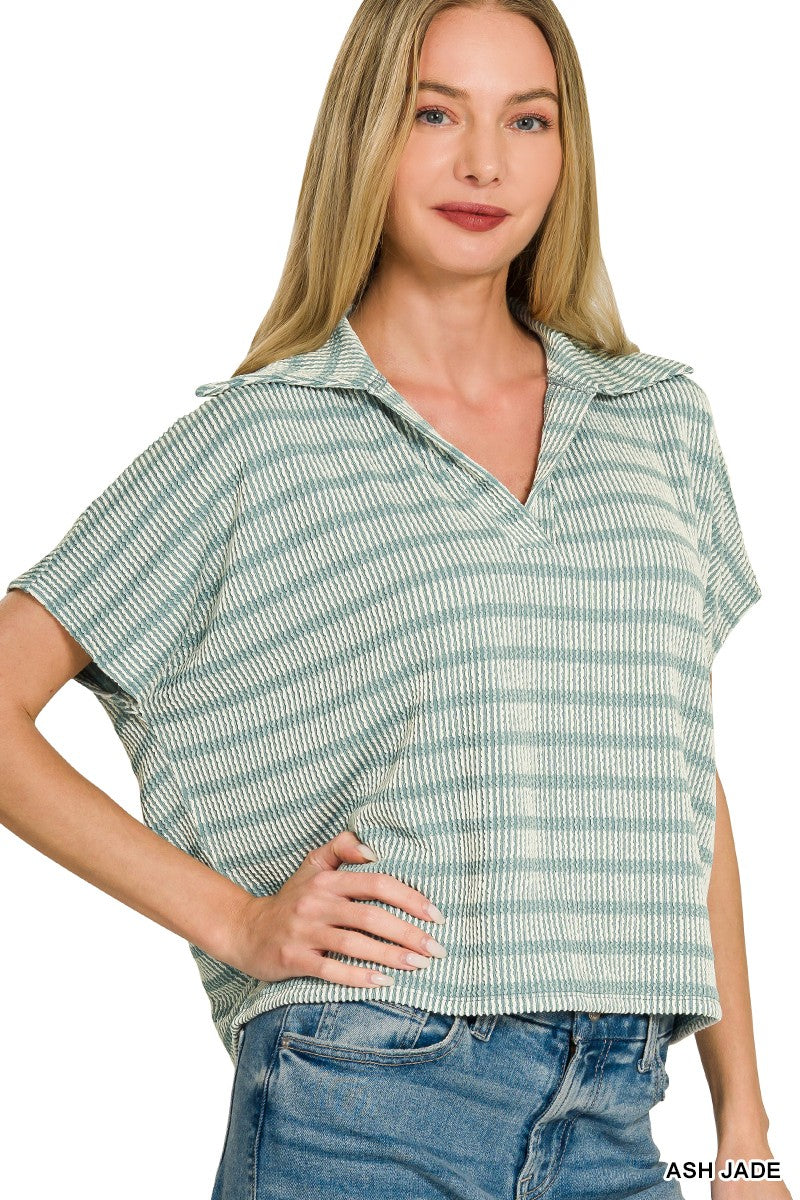 Raised Rib Striped Collared Top