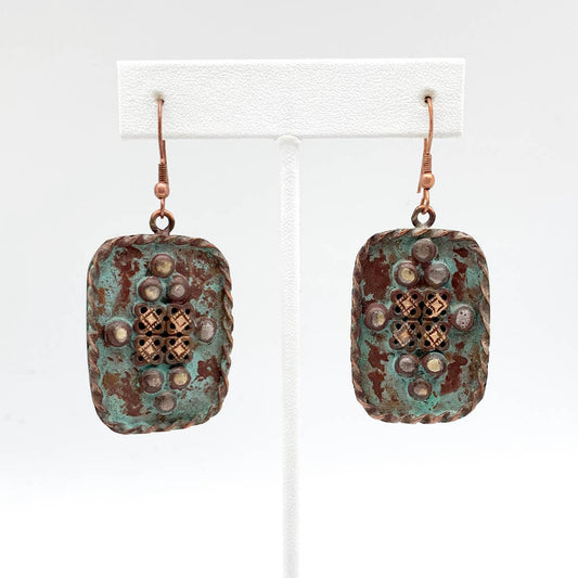 Copper Patina Earrings - Rivets in Turquoise Rectangle
