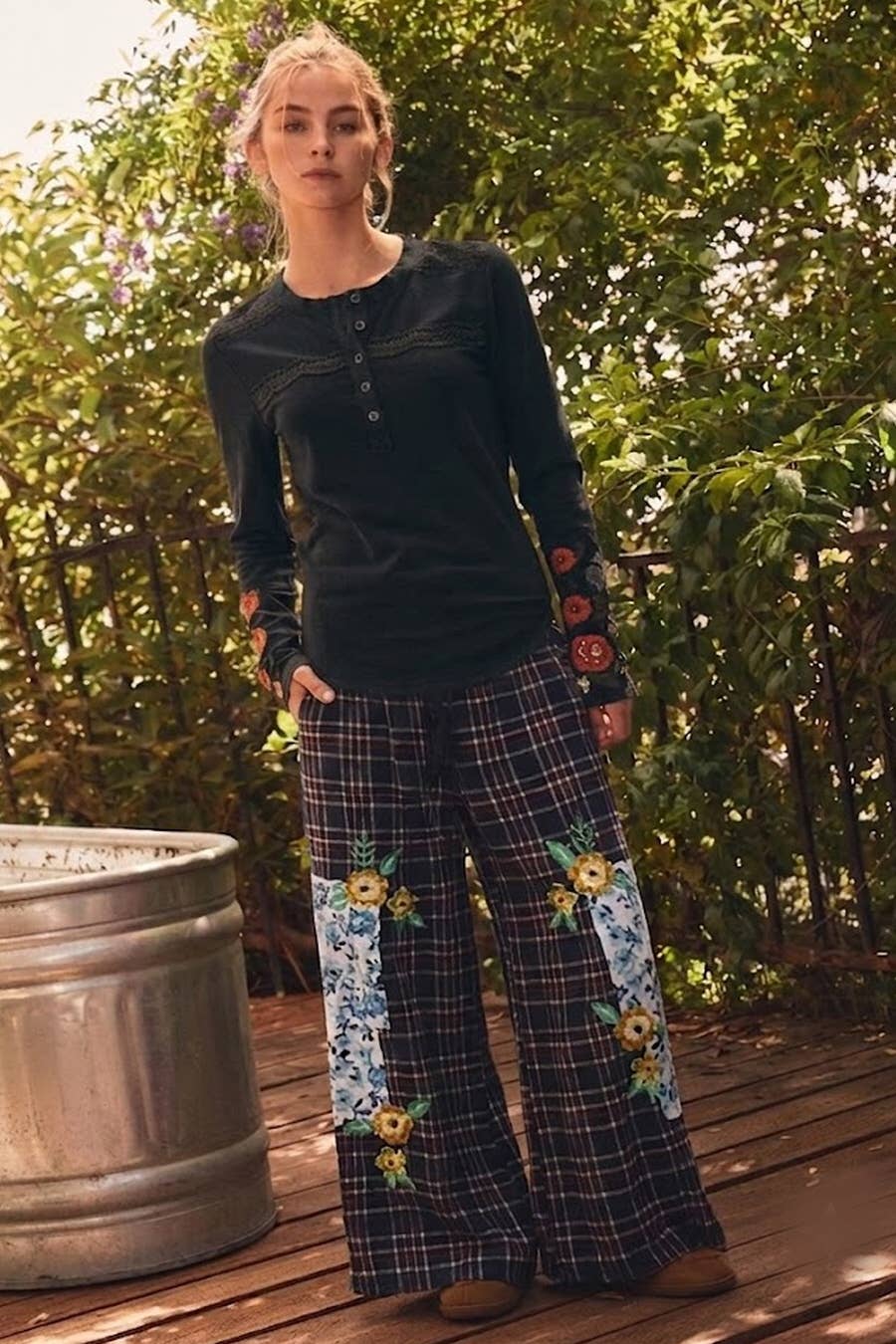 Plaid Patchwork Wide Leg Pants: RED PLAID / M