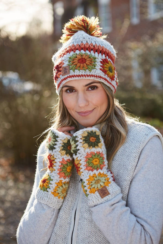 Woodstock Granny Square Crochet Fingerless Gloves Oatmeal: One Colour