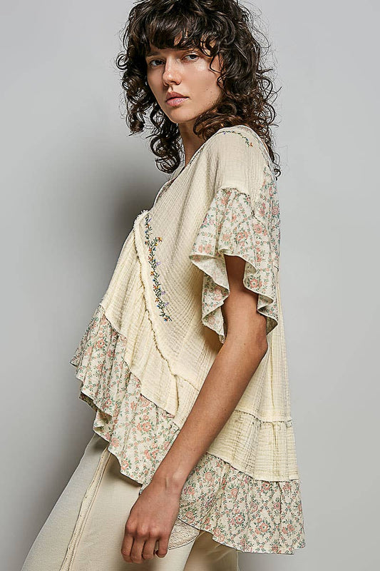 V-neck short sleeve embroidery woven top