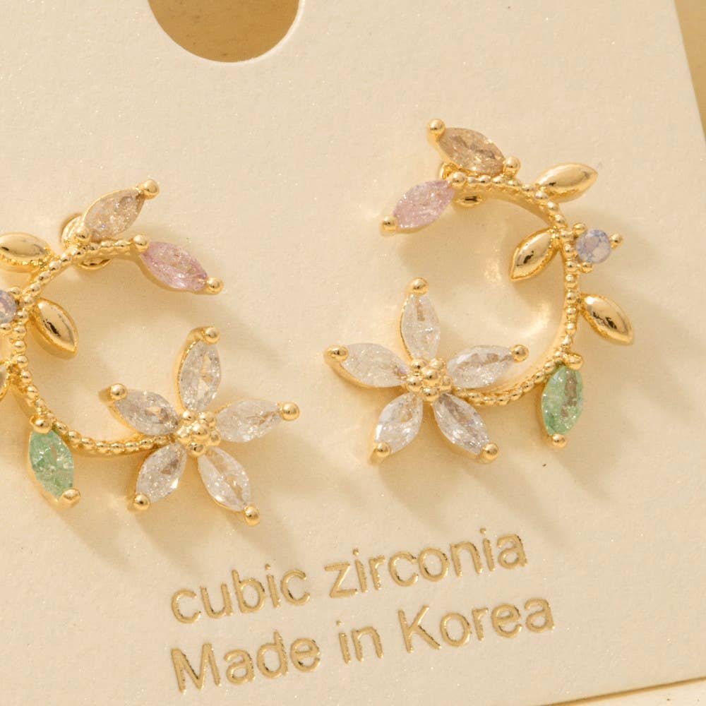 Gold Dipped Cz Leaf And Flower Circle Stud Earrings: G
