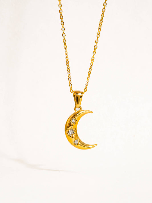 Atlas 18K Gold Non-Tarnish Half Moon CZ Necklace: Yellow Gold