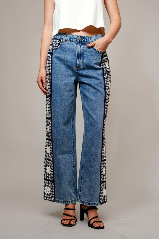 Washed Side Crochet Denim Pants