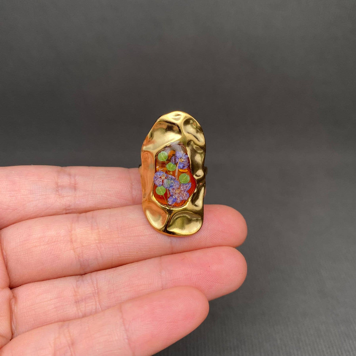 Dried Flowers Hammered Texture 18K Golden SS Ring - PDF/FGS: C