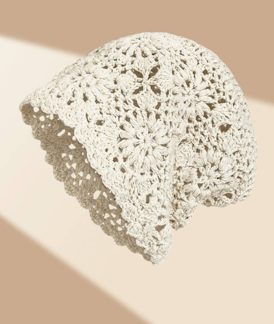 Hand-Crocheted Vintage Slouchy Beanie with Floral Design : Beige