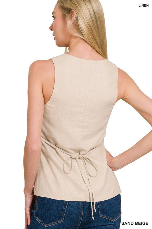 Linen Tie-back 4-button Vest With Lining