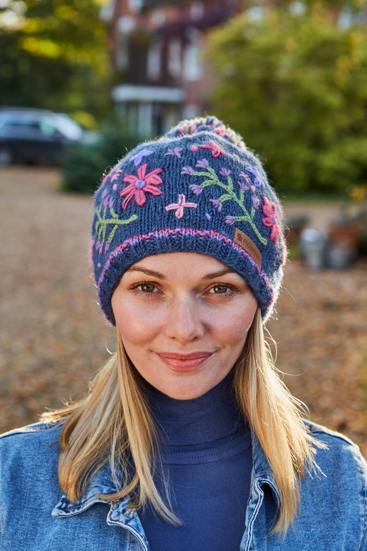 Hampton Court - Embroidered Flowers Knitted Wool Bobble Hat