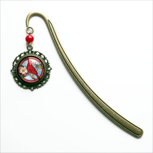 Cardinal Bird Vintage Inspired Bronze and Glass Bookmark