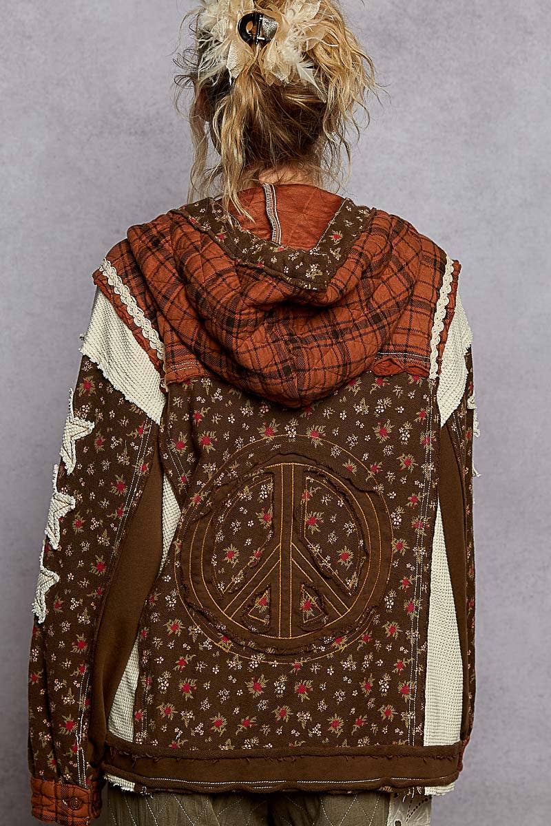 Long sleeve printed patch detail trim knit hooded jacket