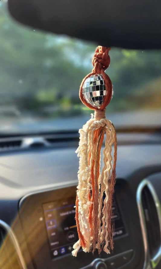 Neutral Disco Ball Car Charms | Retro Decor: Vanilla