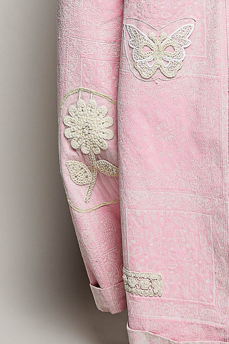 Floral Crochet Pearl Patch Roomy Fit Twill Overalls: FLORAL MULTI / M