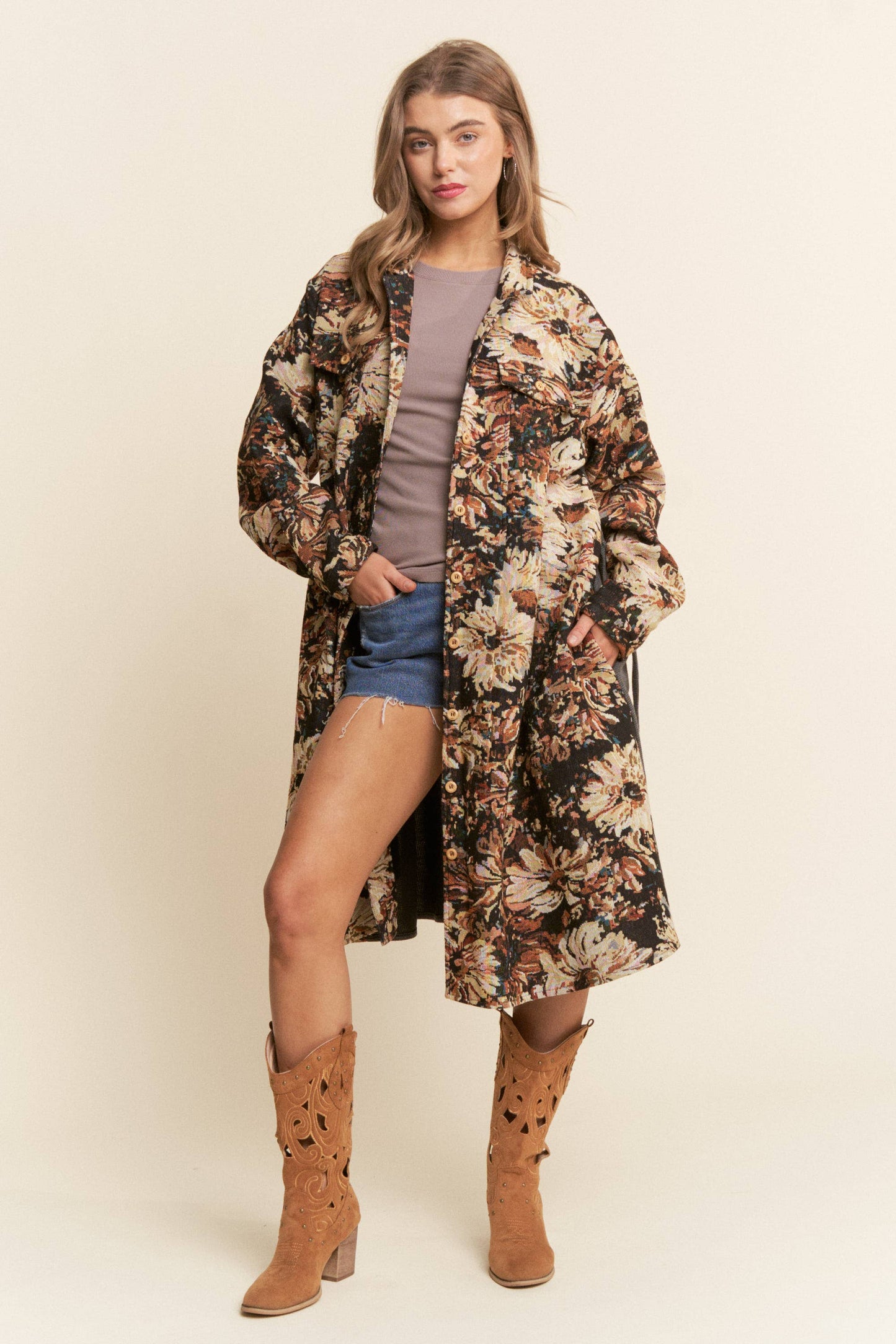 Floral Print Knit Button Down Coat