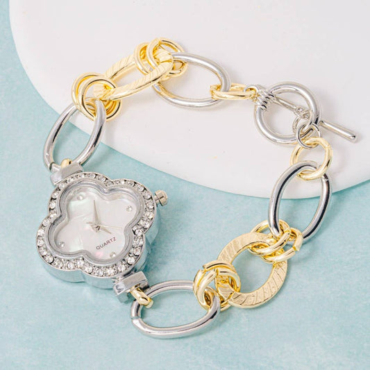 Cz Clover Two Tone Toggle Chain Bracelet: GOLDSILVER
