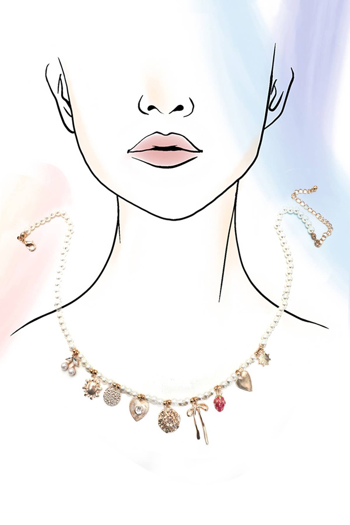 PEARL BEADED BOW STRAWBERRY CHERRY NECKLACE | 80N91511: Gold