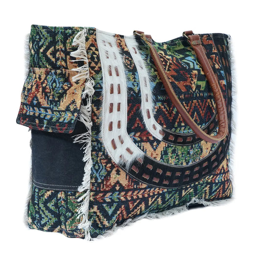 Midnight Tapestry and threaded cowhide Evelm Weekender Bag