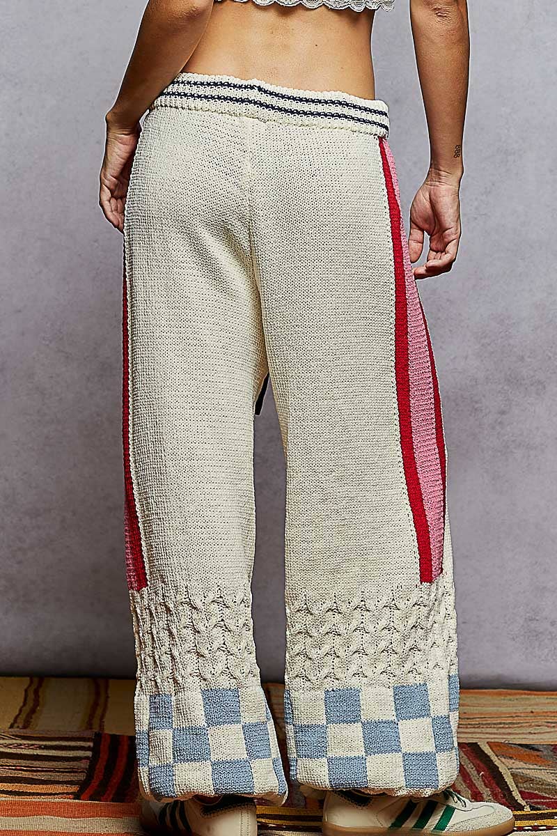 Striped checker pattern patch detail chenille sweater pants