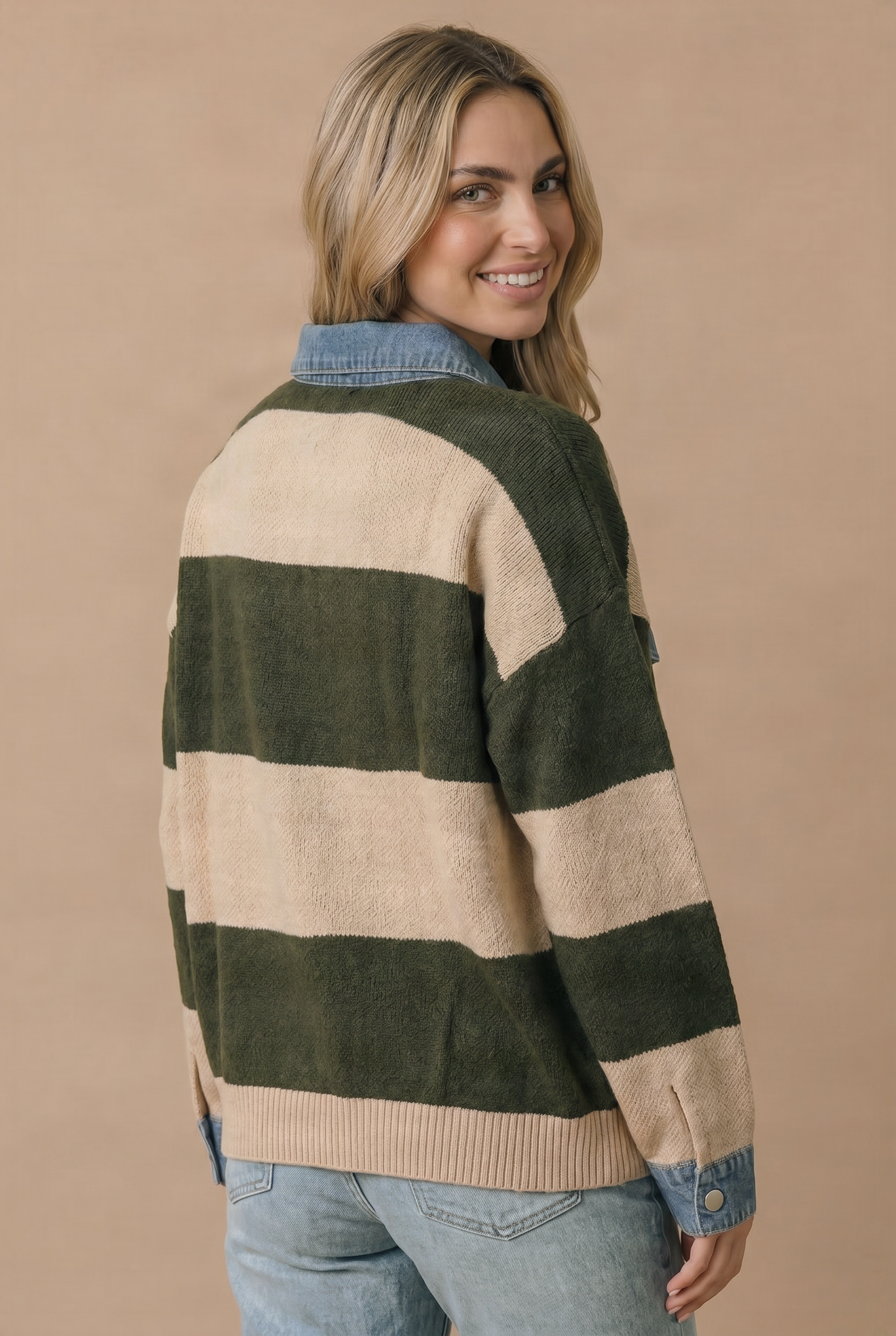 Striped Denim Collar Sweater Knit Top