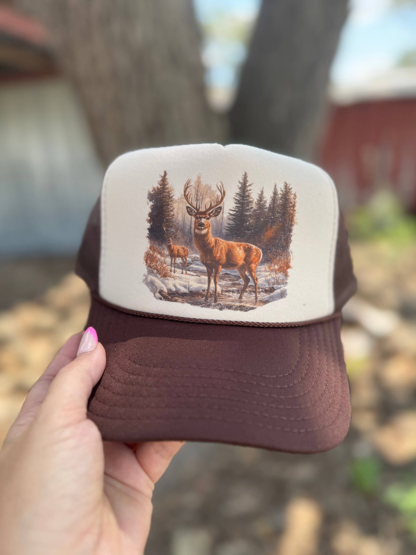 Retro Deer Trucker Cap - Multiple Color Options: Brown & Tan