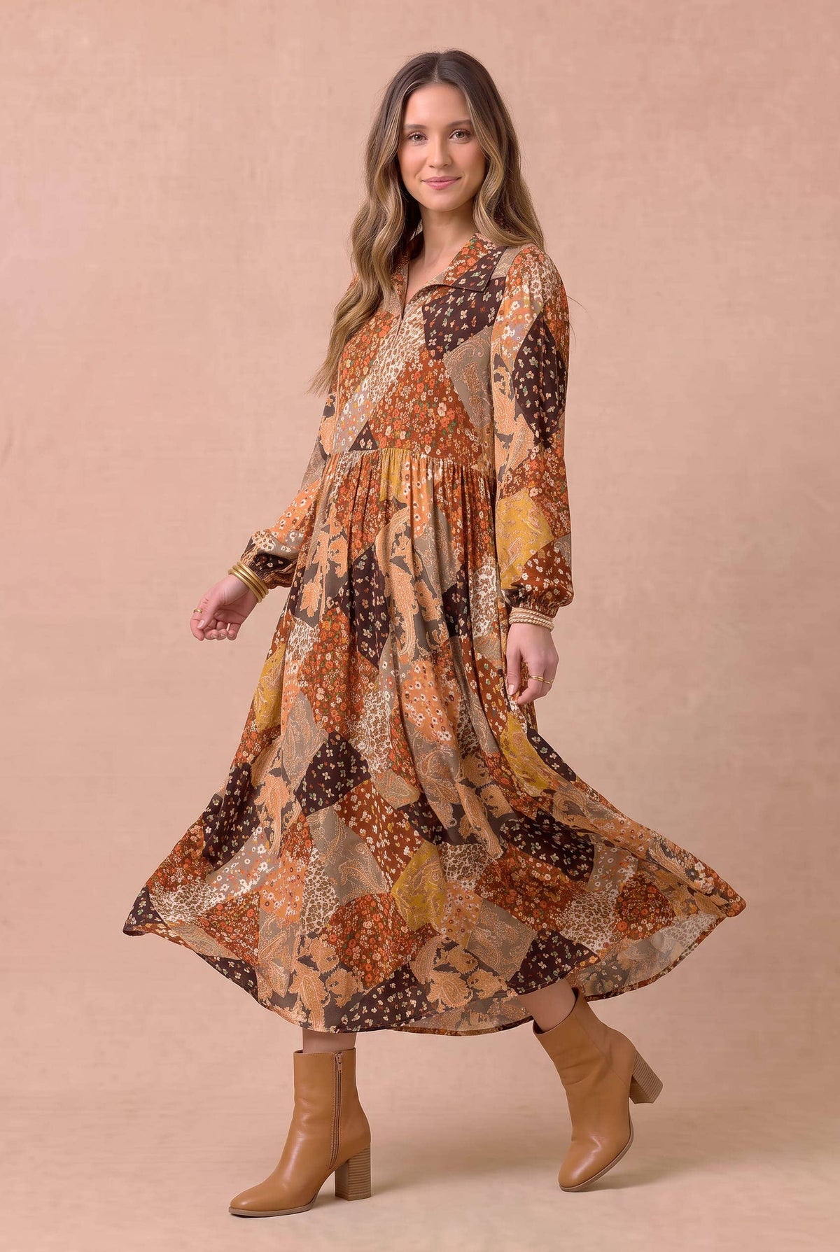 Floral and Geometric Patchwork Maxi Dress: RUST / M