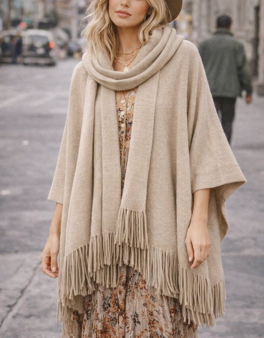 JC088001 Cozy Fringe Knit Poncho with Built-In Scarf: Burgundy