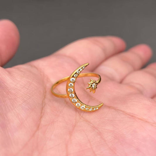 Inlaid CZ 18K Gold Plated SS Star Moon Adjustable Ring -FGS/MS