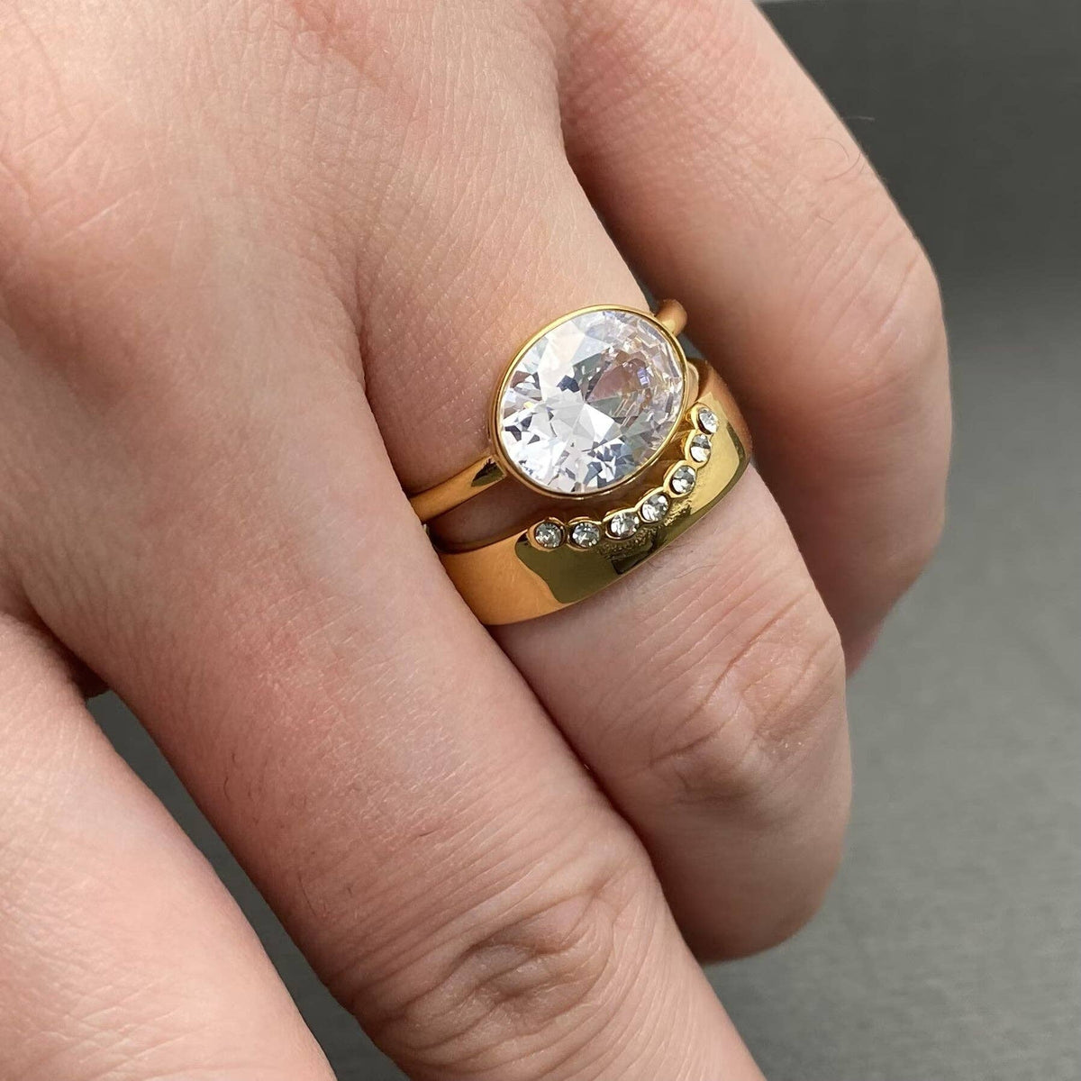 Zircon Inlaid 18K Gold Plated S.Steel Stacked Ring - FGS: 7
