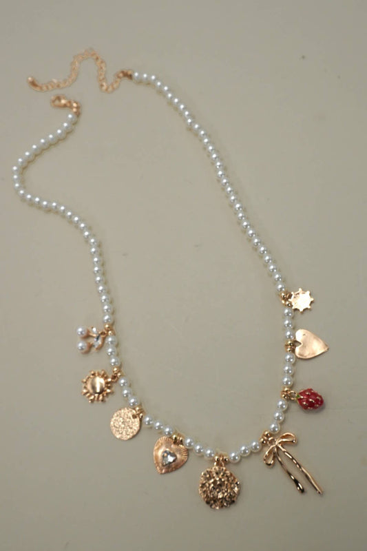 PEARL BEADED BOW STRAWBERRY CHERRY NECKLACE | 80N91511: Gold
