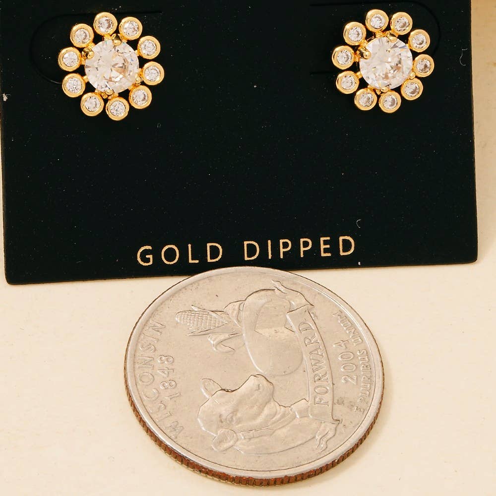 Gold Dipped Cz Pave Flower Stud Earrings: GOLD