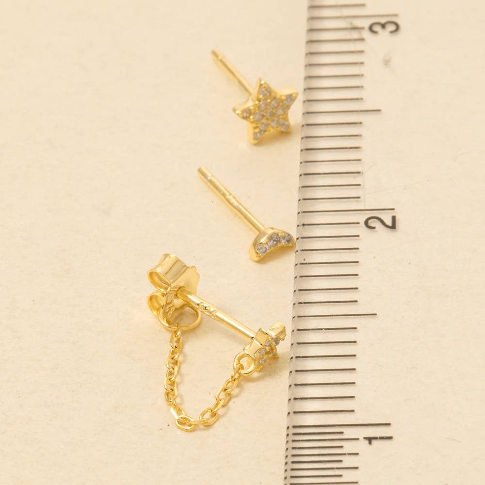 Sterling Silver Cz Stars And Moon Stud Earrings Set: GZ
