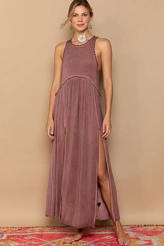 Sleeveless racerback back zipper front slit knit maxi dress