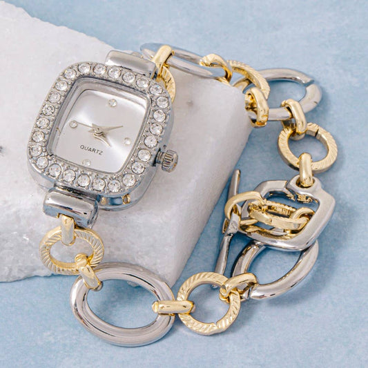 Two Tone Cz Toggle Chain Bracelet Watch: GOLDSILVER