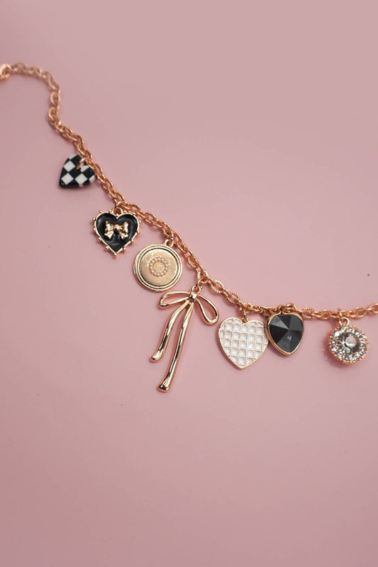 CHARM NECKLACE-BOW CHECKER HEART RHINESTONE | 80N91422: Gold