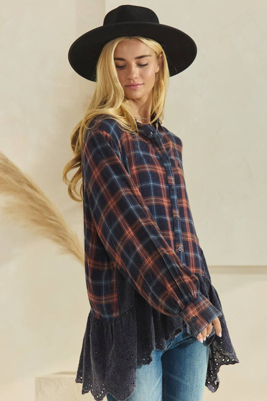 Plus Plaid Eyelet Lace Button Down Shirts: Washed Navy Plaid / 2XL