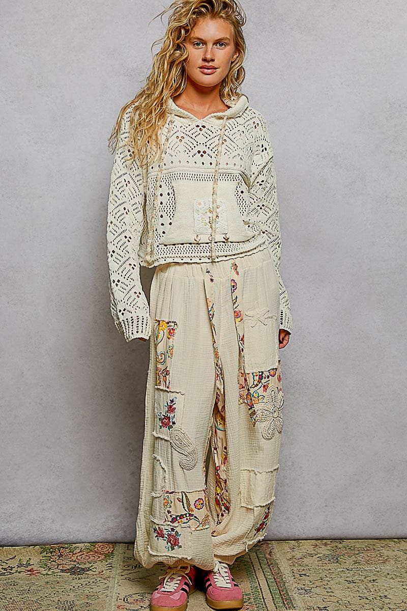 Chenille Crochet Lightweight Pullover Hoodie Sweater: NATURAL / L