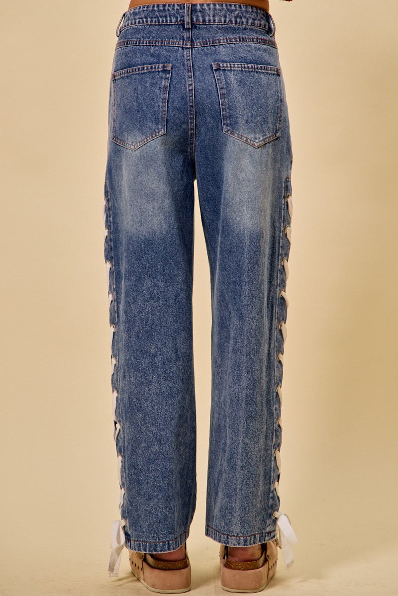 Mid Rise Straight Leg Denim Side Lace Up Jeans