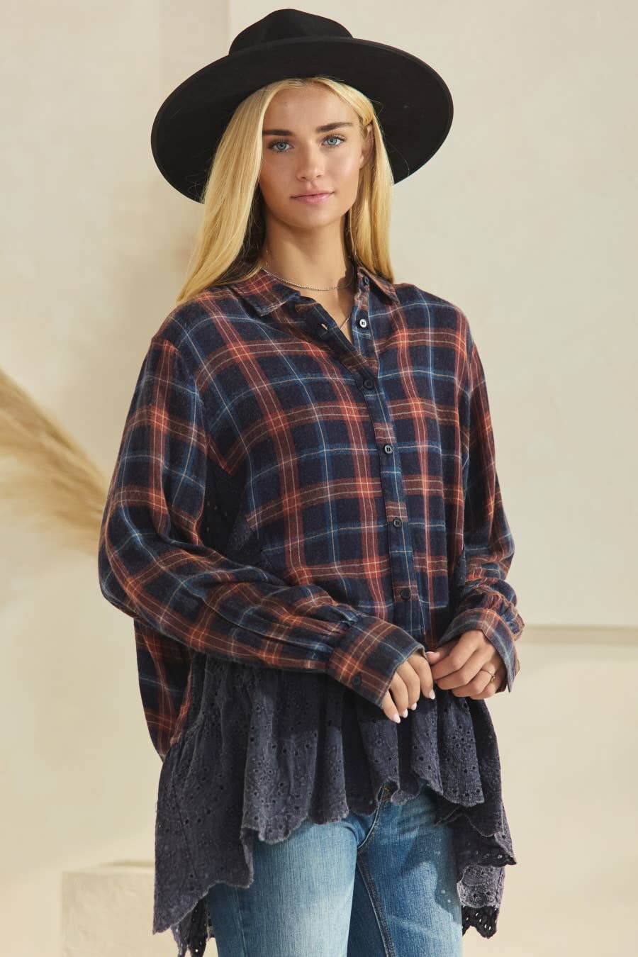 Plus Plaid Eyelet Lace Button Down Shirts: Washed Navy Plaid / 2XL