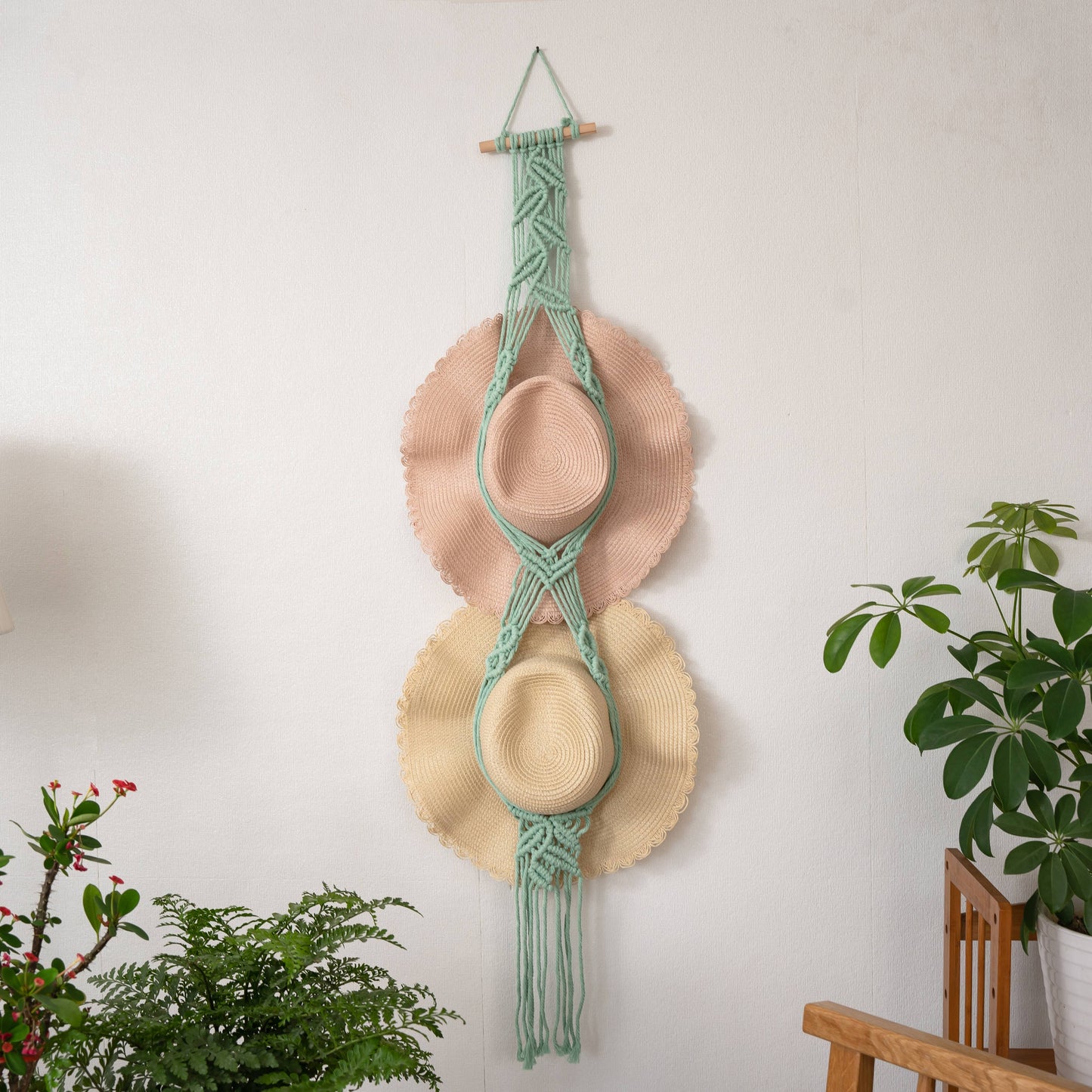 Leaf Macrame Wall Hanging for Hat Storage & Display Collect: Mint