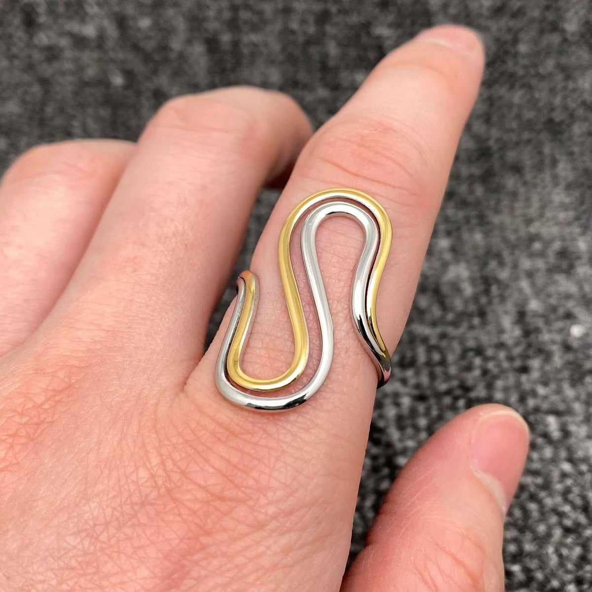 S Shape Two Tone 18K Gold Plated Stainless Steel Ring - FGS