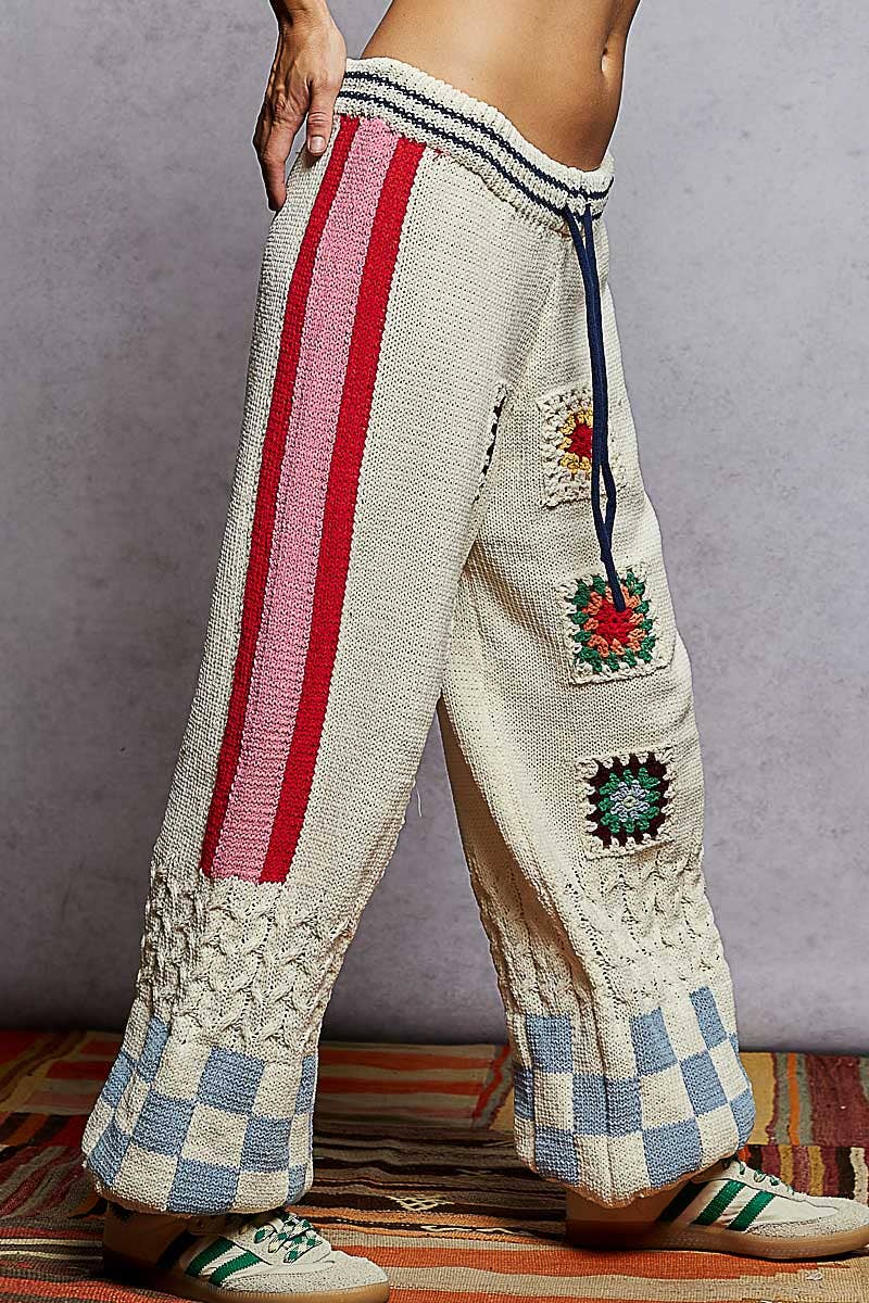 Striped checker pattern patch detail chenille sweater pants