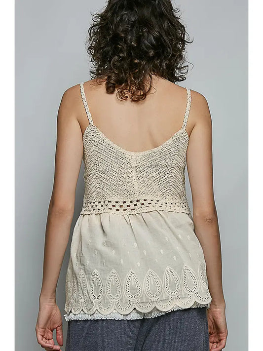 Round Neck Sleeveless Eyelet Ruffle Embroidered Crochet Top