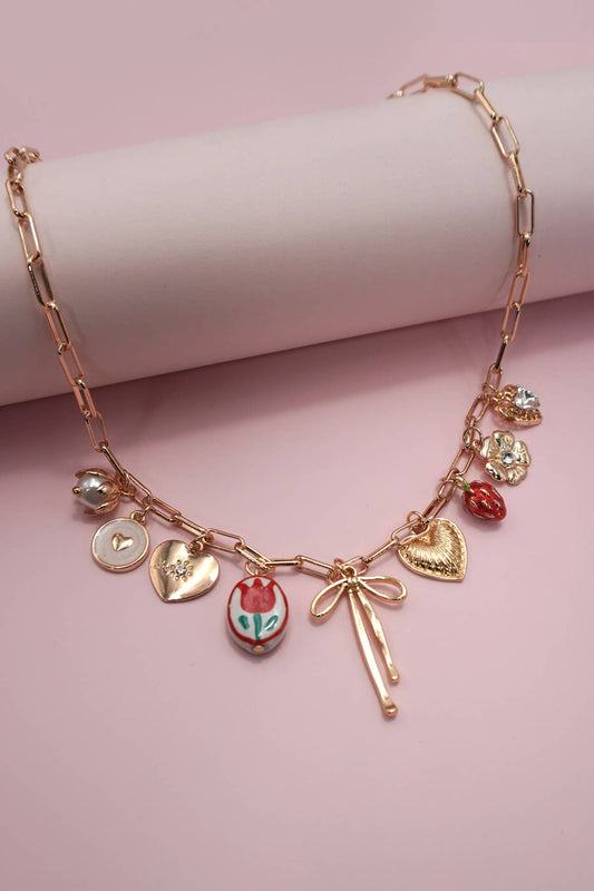 CHARM NECKLACE-BOW TOILE FLORAL HEART RHINESTONE | 80N91645: GOLD