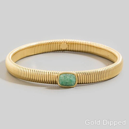 Stainless Steel Ribbed Stone Bangle Bracelet: LGN